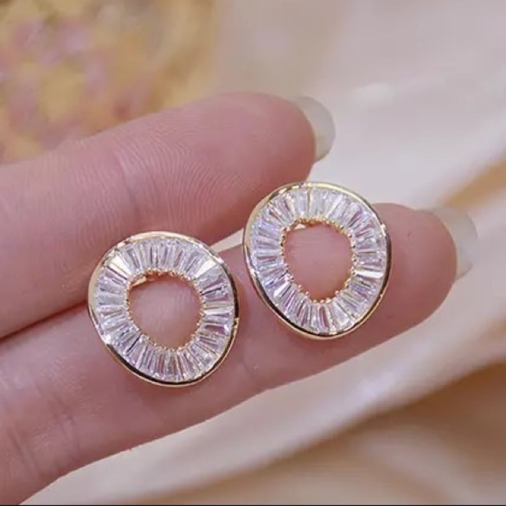 NEW - 14K Gold Plated Simulated Marquee Diamond Wavy Circle Earrings